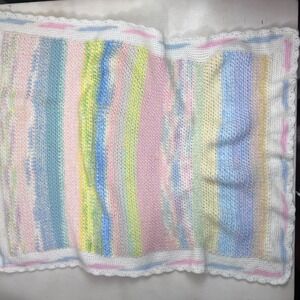 Vtg Pastel‎ Crochet Baby Blanket, Handmade Knit Stripes White Trim Soft READ
